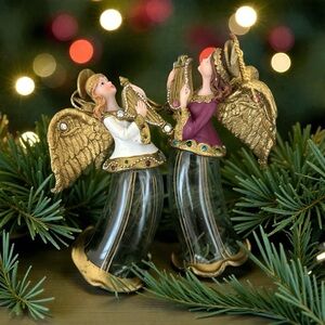 Vintage Glass Jeweled Set Of 2 Angel Playing Instruments Christmas Tree Angels